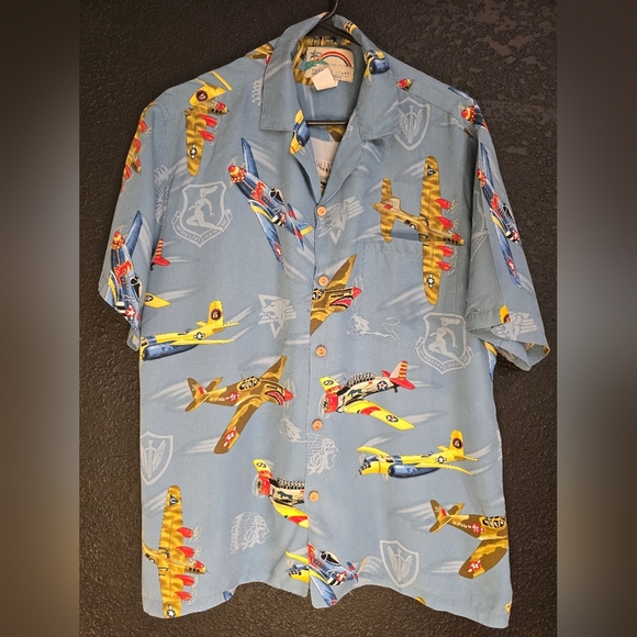 Paradise Found Hawaiian Shirt Men's L  Blue With U.S. Warplanes Beautiful Piece! - Picture 1 of 10